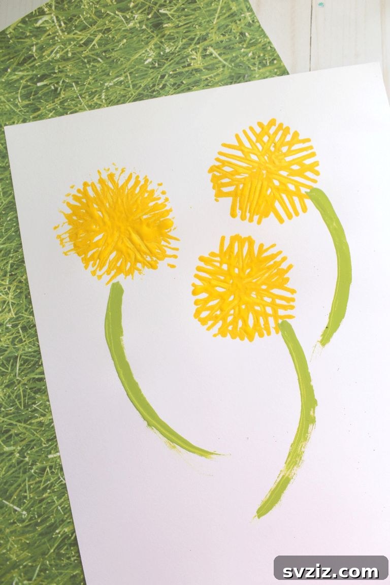 Textured fork stamped dandelions craft, using a fork to create unique flower patterns with yellow paint on paper.
