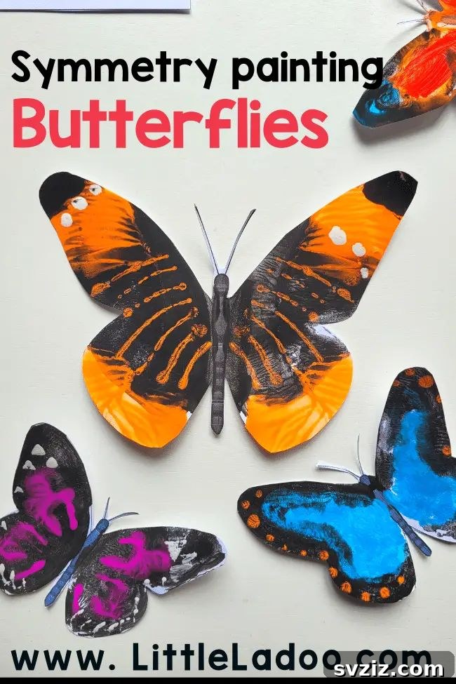 Colorful butterfly symmetry painting craft, where children paint one half of a folded paper to create a mirror image butterfly, teaching artistic concepts.