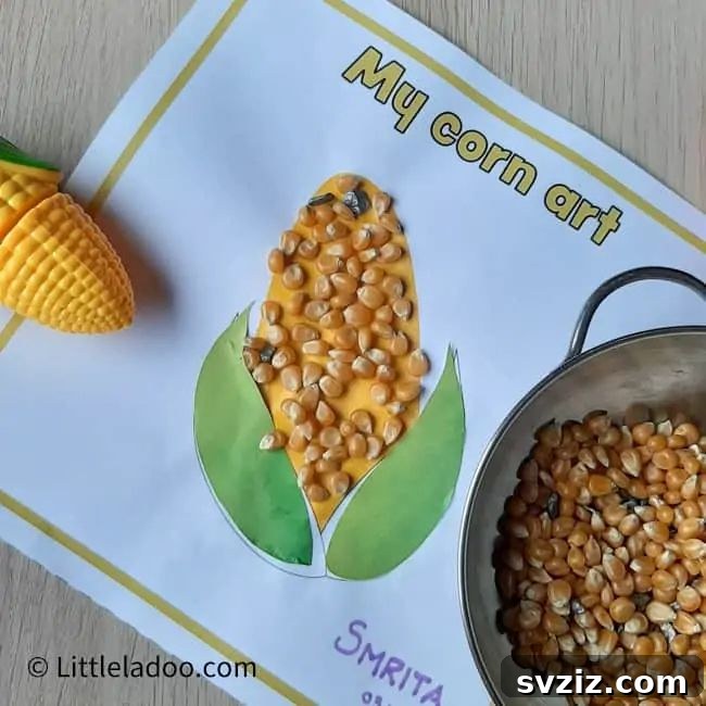 Easy corn craft for toddlers, featuring colorful pom-poms glued onto a corn cob outline, promoting sensory play and fine motor skills.