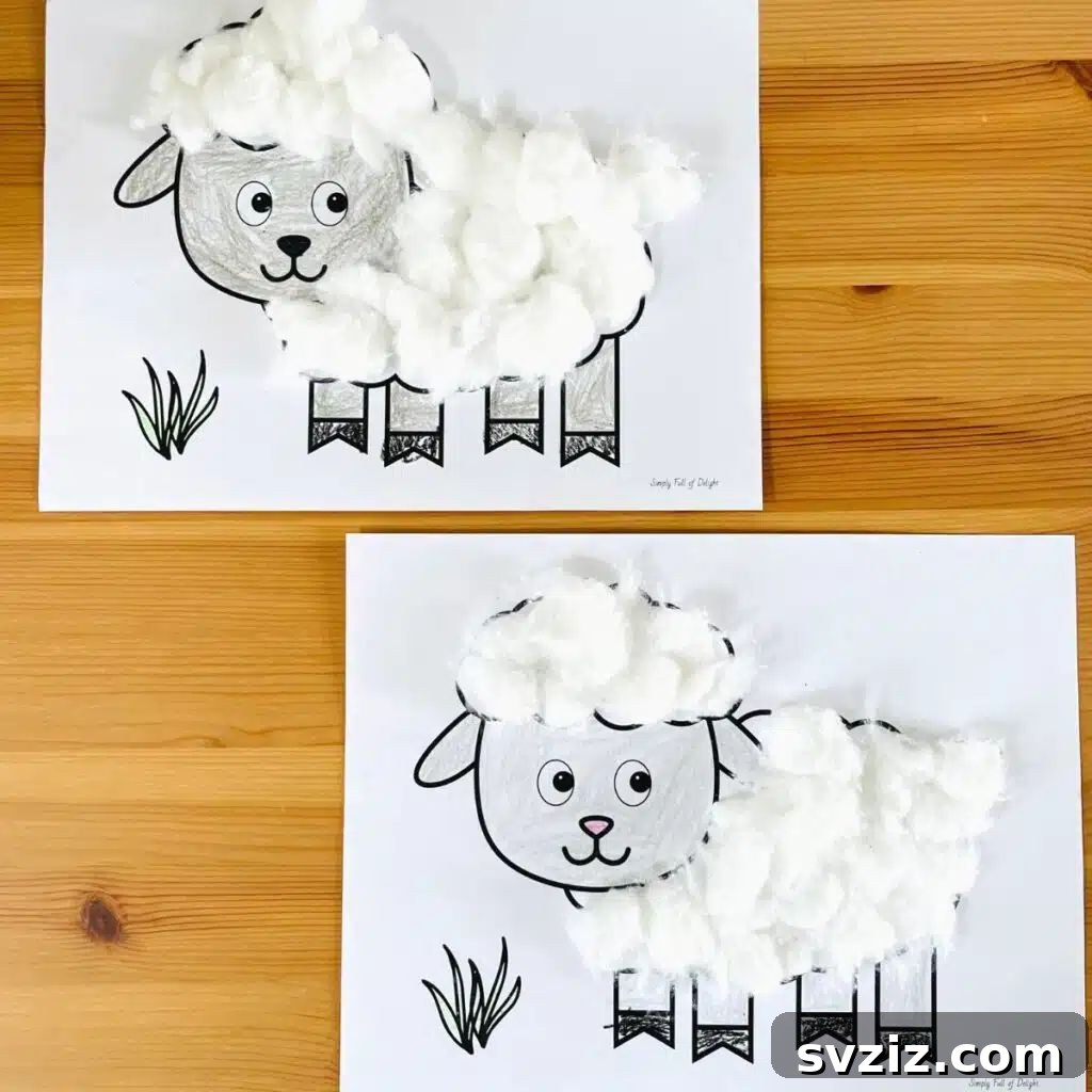 Simple cotton ball sheep craft for kids, using a sheep template and glue, ideal for sensory exploration and developing fine motor skills.