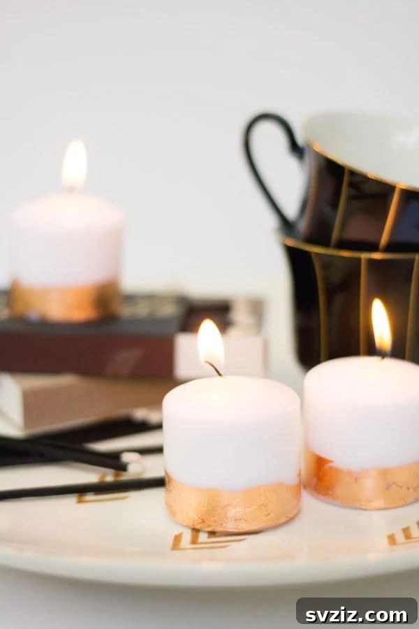 31 Brilliant Copper Designs 30 DIY copper leaf candles, adding a touch of metallic elegance