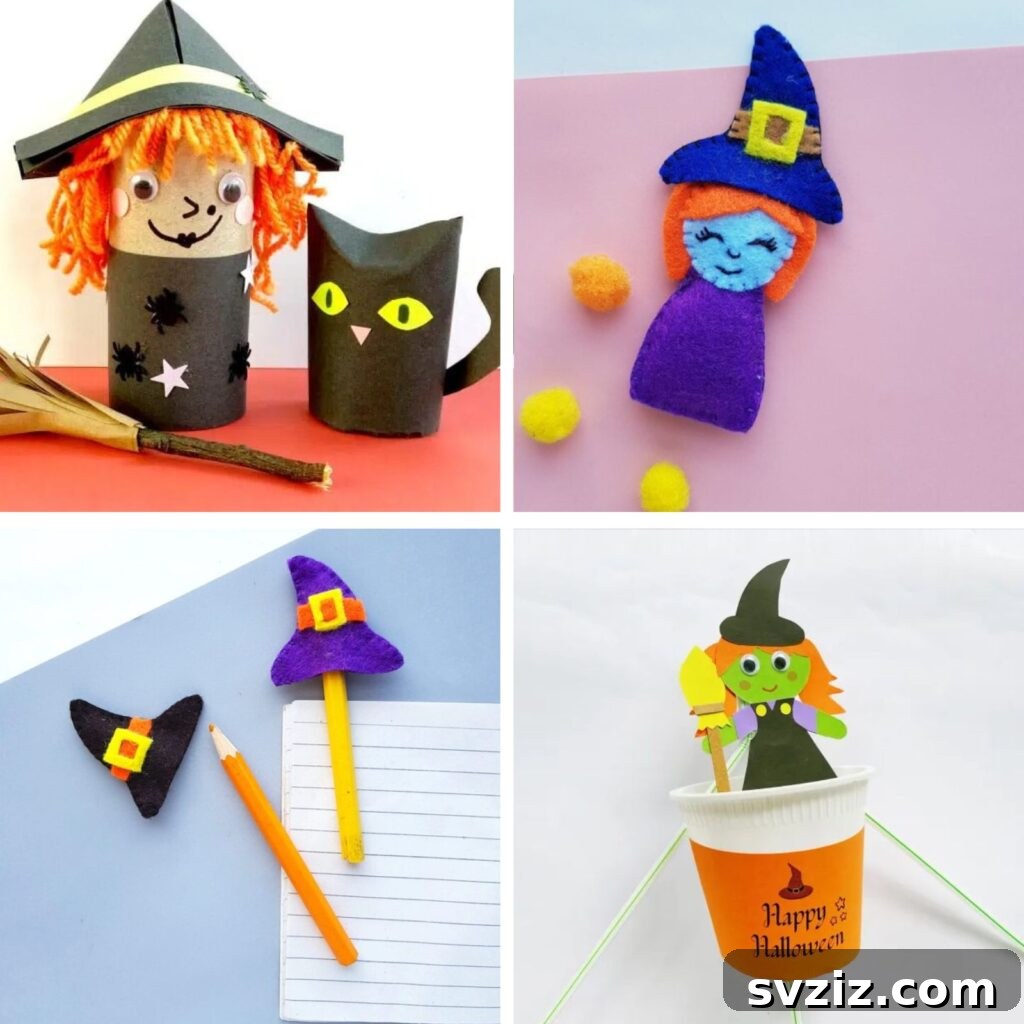 Charming and Eerie Witch Craft Projects 2 A collage of various witch craft ideas, including wreaths, mason jars, paper crafts, and more, set against a spooky Halloween backdrop.