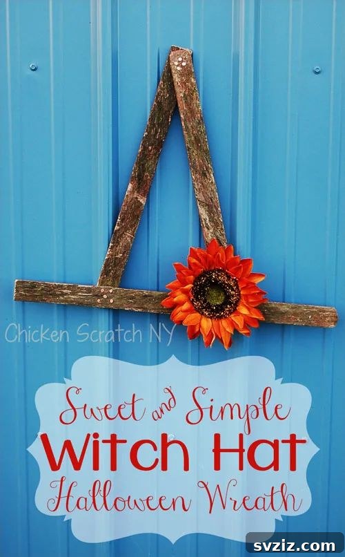 Charming and Eerie Witch Craft Projects 3 A stylish Halloween witch hat wreath with dark mesh and purple accents.