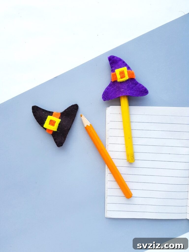 Charming and Eerie Witch Craft Projects 22 Festive witch hat pencil toppers made from felt or paper.