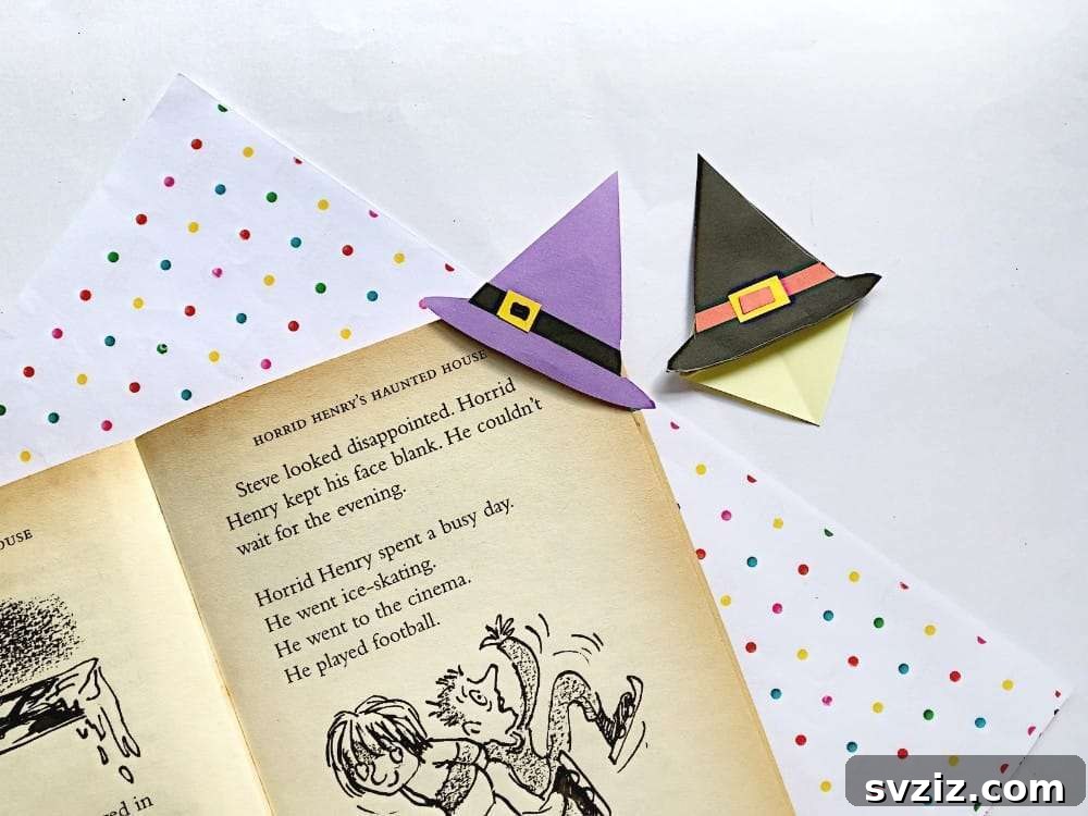 Charming and Eerie Witch Craft Projects 23 A corner bookmark shaped like a witch hat, perfect for Halloween reading.