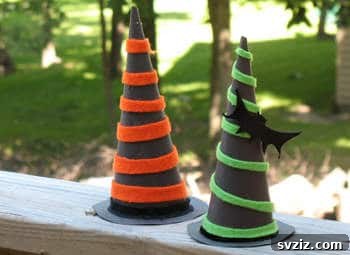 Charming and Eerie Witch Craft Projects 24 A simple paper witch hat with colorful felt embellishments.