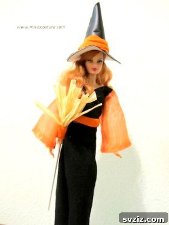 Charming and Eerie Witch Craft Projects 30 A DIY Halloween witch dress for Barbie dolls, made from fabric scraps.