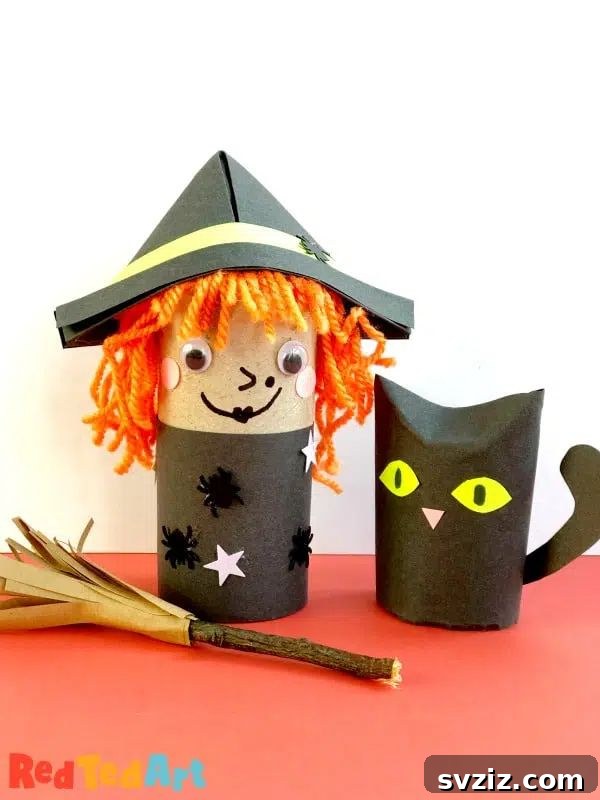 Charming and Eerie Witch Craft Projects 34 A set of Halloween crafts made from toilet paper rolls: a witch, a broom, and a cat.