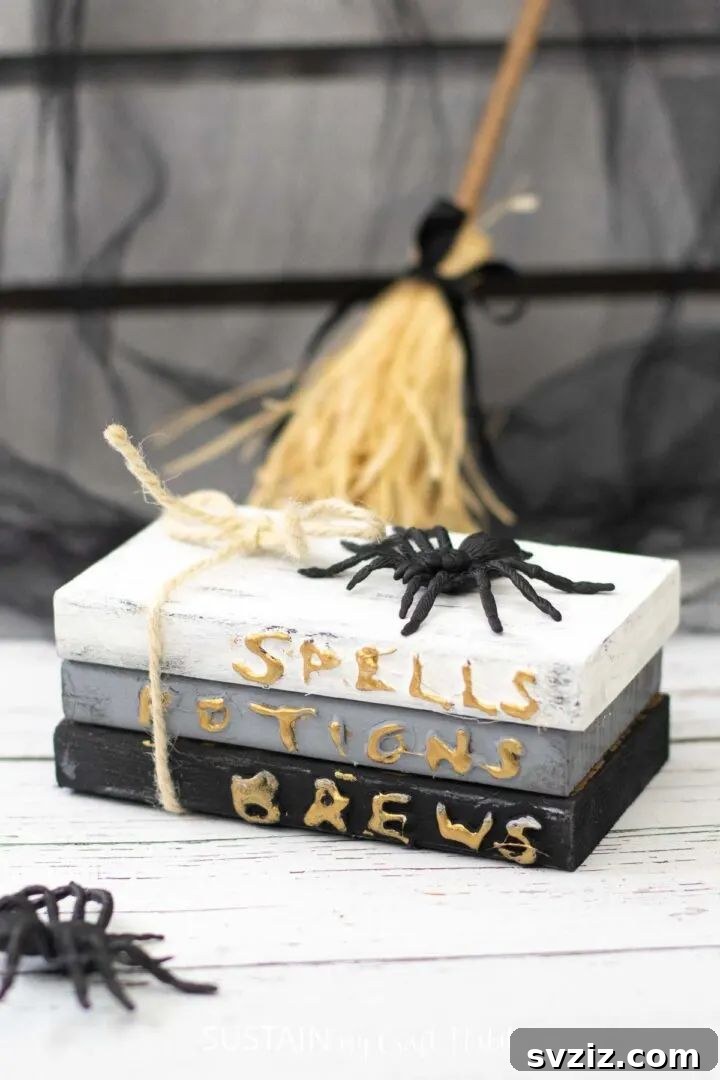 Charming and Eerie Witch Craft Projects 35 Halloween decor featuring stacked books with witchy phrases and elements.