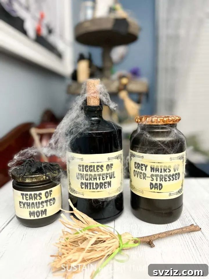 Charming and Eerie Witch Craft Projects 38 Humorous witches potion jars with creative labels, perfect for Halloween decor.