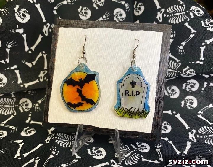 Charming and Eerie Witch Craft Projects 39 Charming DIY Shrinky Dink earrings with witch-themed designs for Halloween.