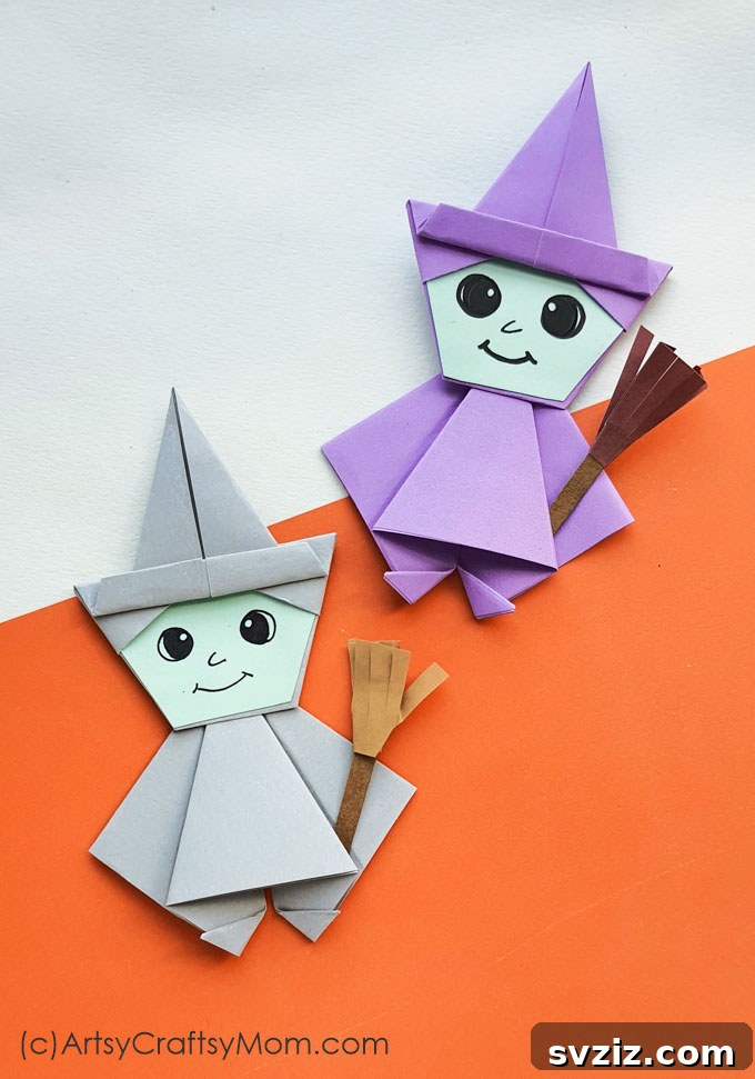 Charming and Eerie Witch Craft Projects 5 Colorful origami witch craft characters for kids, with decorative elements.