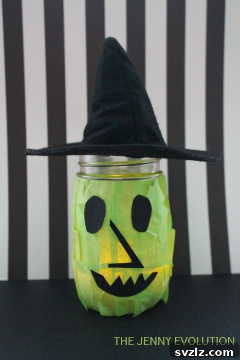 Charming and Eerie Witch Craft Projects 6 Cute witch faces decorated on mason jars using tissue paper.