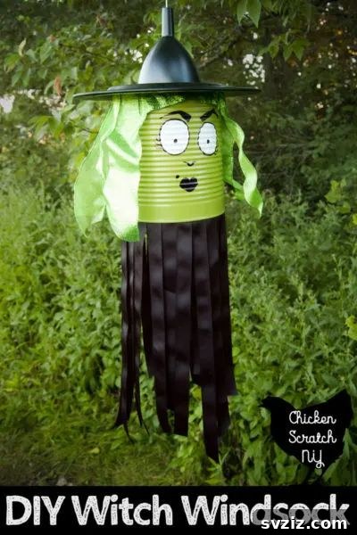 Charming and Eerie Witch Craft Projects 7 A whimsical witch windsock flying in the breeze, made from fabric and ribbons.