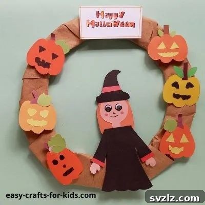 Charming and Eerie Witch Craft Projects 9 A handmade witch wreath adorned with pumpkins and other Halloween elements.