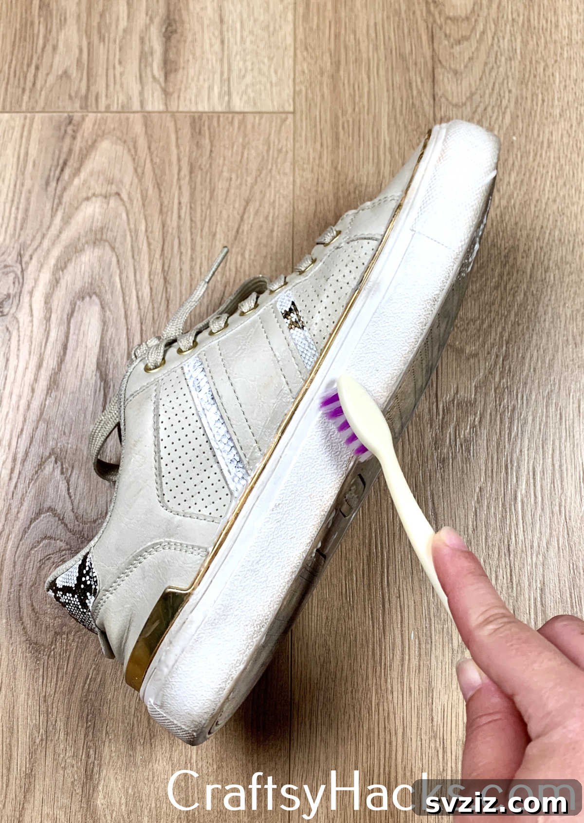 Clean and whiten shoe soles and rubber elements using toothpaste, which contains mild abrasives and whitening agents, effectively removing scuffs and dirt.