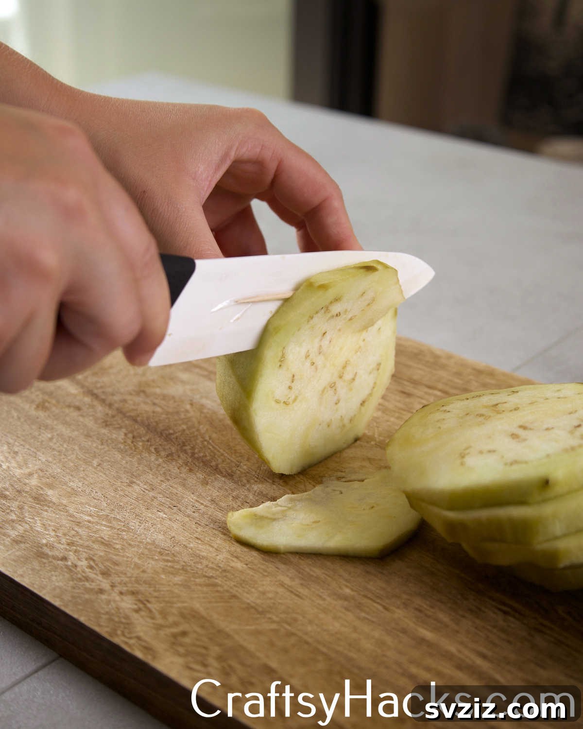 Prevent vegetables from sticking to your knife while chopping by attaching a toothpick to the blade, creating a small gap that encourages slices to fall away cleanly.