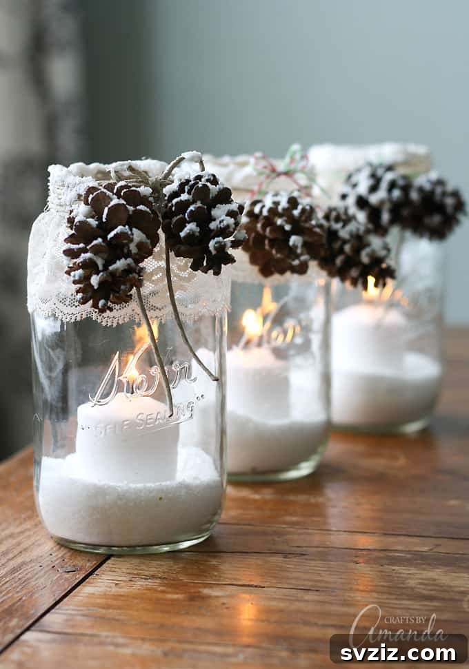 25 Inspiring Homemade Christmas Decor Ideas 23 DIY Snowy Pinecone Candle Jars