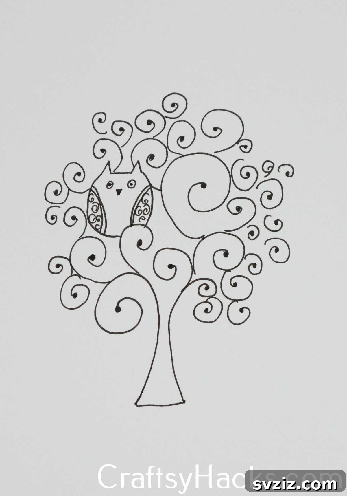 31 Creative Doodle Prompts 12 swirly owl in a tree doodle, a minimalist nature drawing
