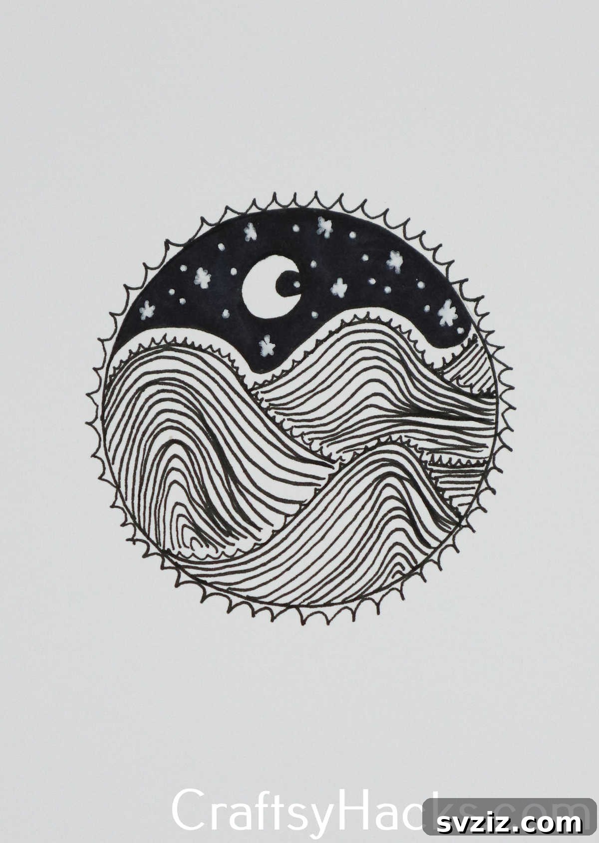 31 Creative Doodle Prompts 5 night sky with mountains doodle, a scenic and peaceful drawing