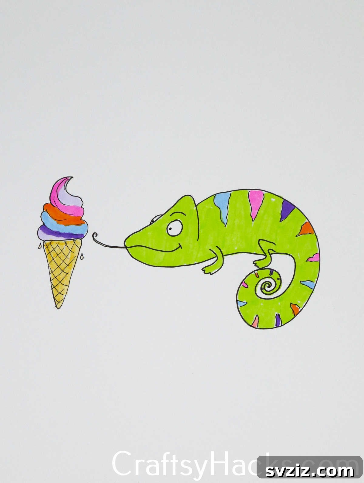 27 Whimsical Doodles to Ignite Your Imagination 19 A colorful gecko doodle reaching for ice cream, a vibrant and fun drawing idea.