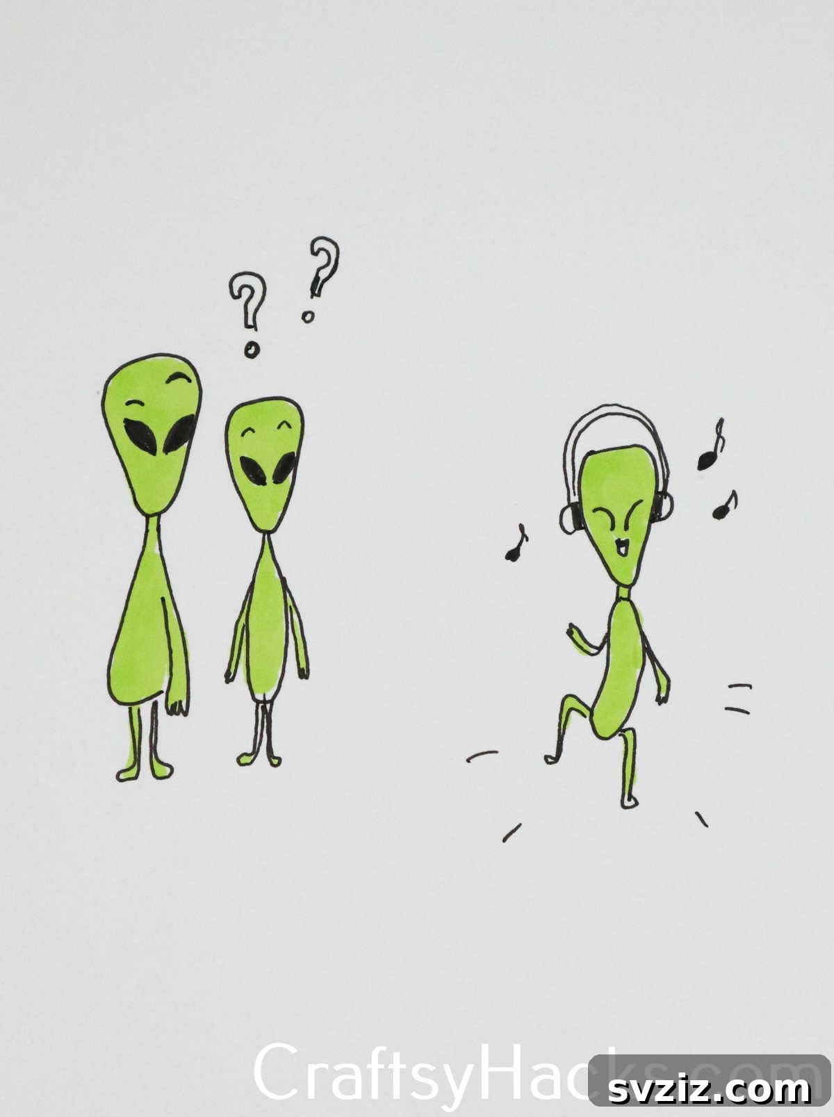 27 Whimsical Doodles to Ignite Your Imagination 23 Alien doodles discovering music, a quirky and light-hearted drawing idea.