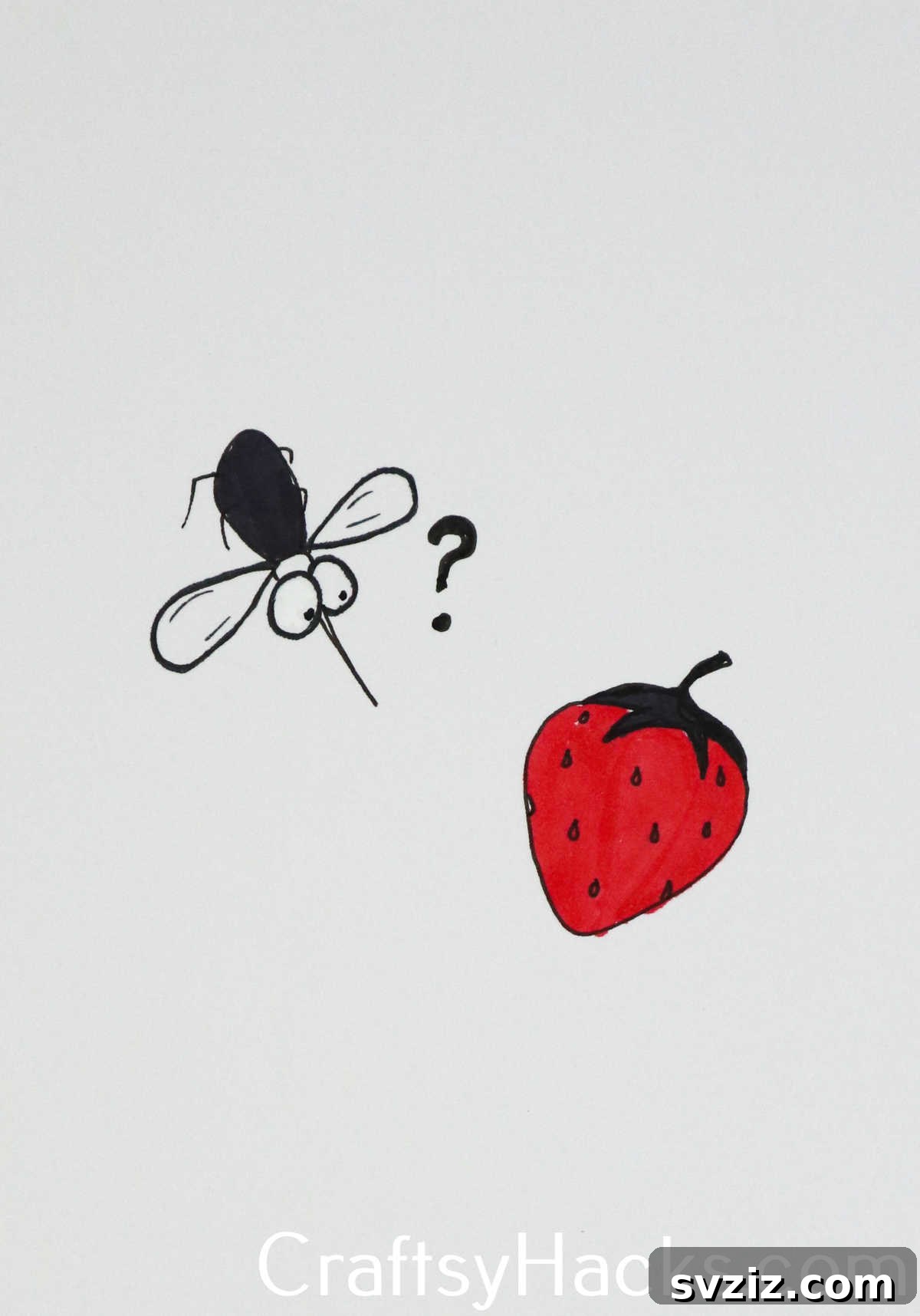 27 Whimsical Doodles to Ignite Your Imagination 27 A confused mosquito doodle encountering a strawberry, a humorous and imaginative scenario.