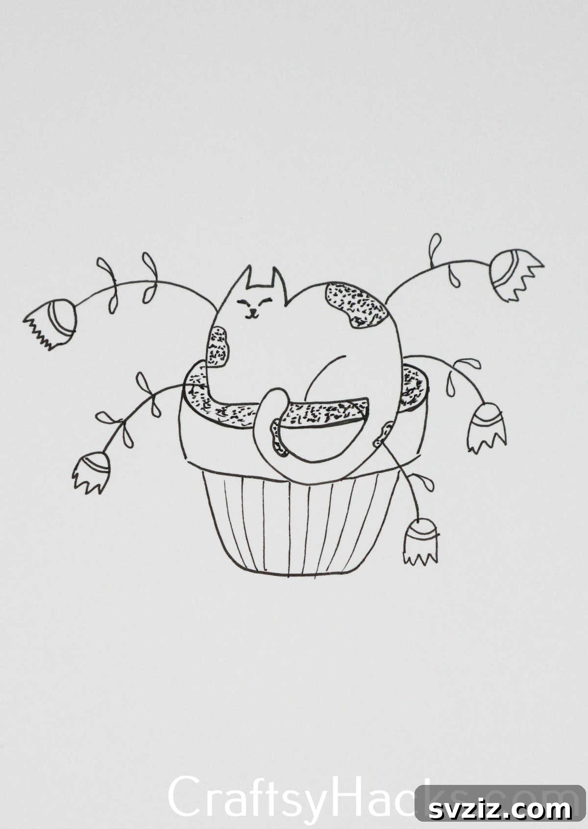 27 Whimsical Doodles to Ignite Your Imagination 9 A cute cat nestled comfortably in a flower pot, a wholesome animal doodle.