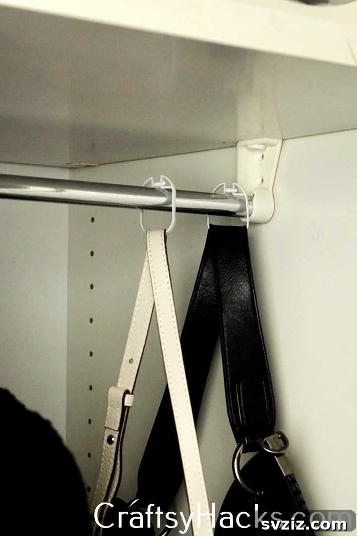 Maximize closet space by hanging purses and handbags using shower curtain hooks on a closet rod.
