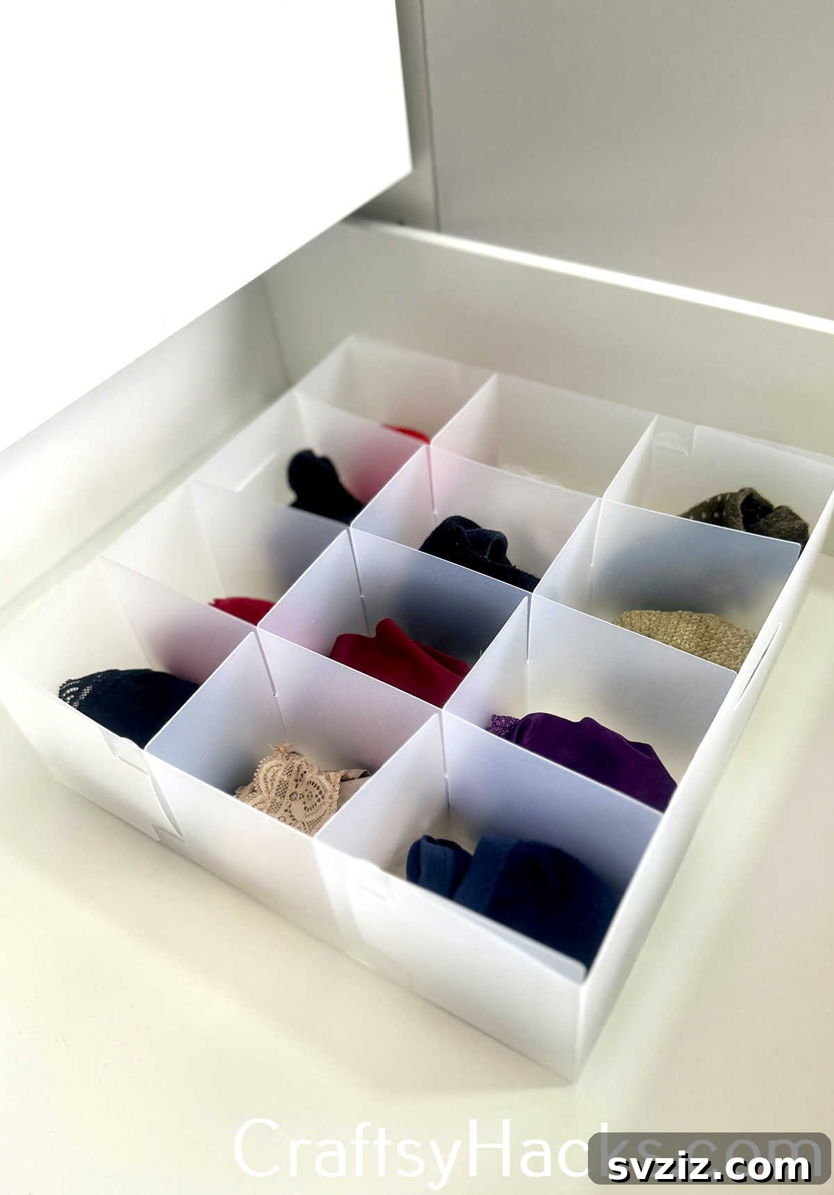 Keep underwear and other small garments neat and organized in a plastic compartment box inside a drawer.