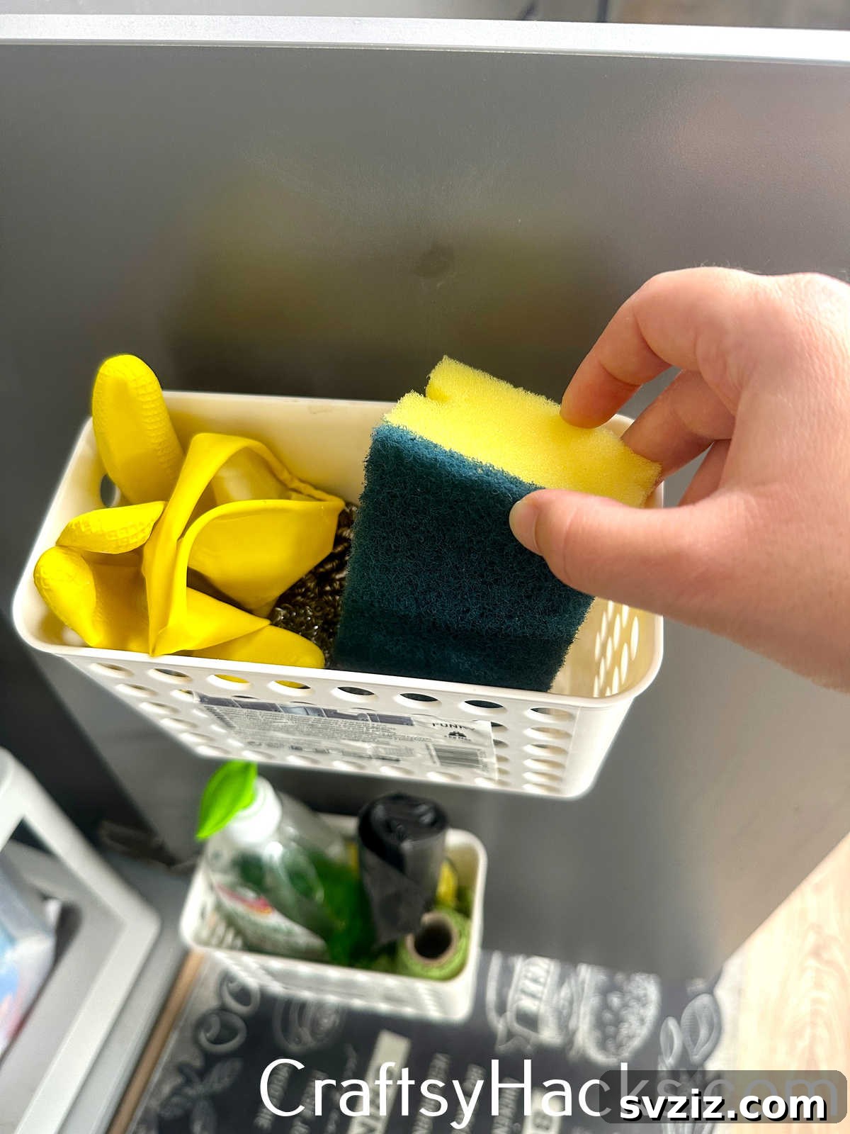 Install hooks in the kitchen to create a dedicated sponge station, allowing sponges and brushes to dry and stay organized.