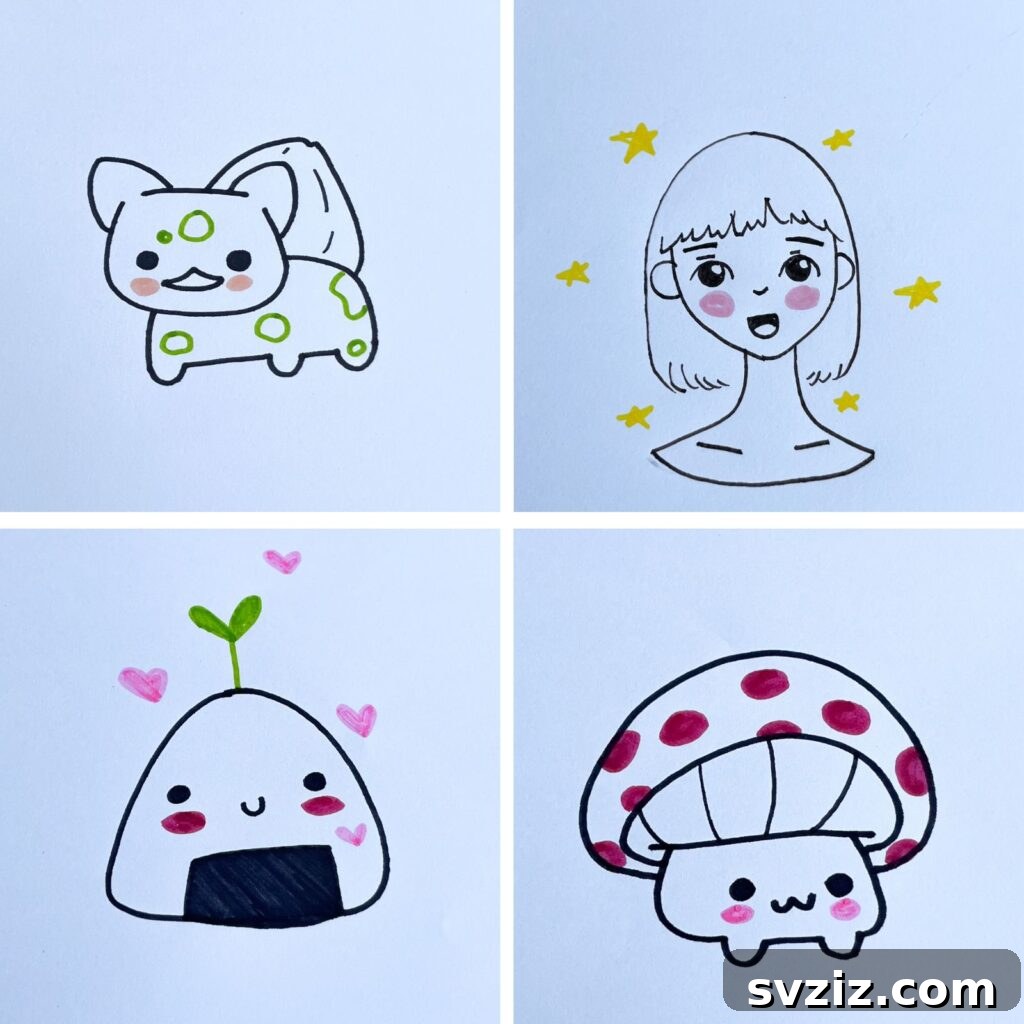 Effortless Anime Art: 31 Drawing Prompts 2 A vibrant collage of cute anime drawing ideas, featuring various characters and objects in a charming style, perfect for beginners looking for easy drawing inspiration.