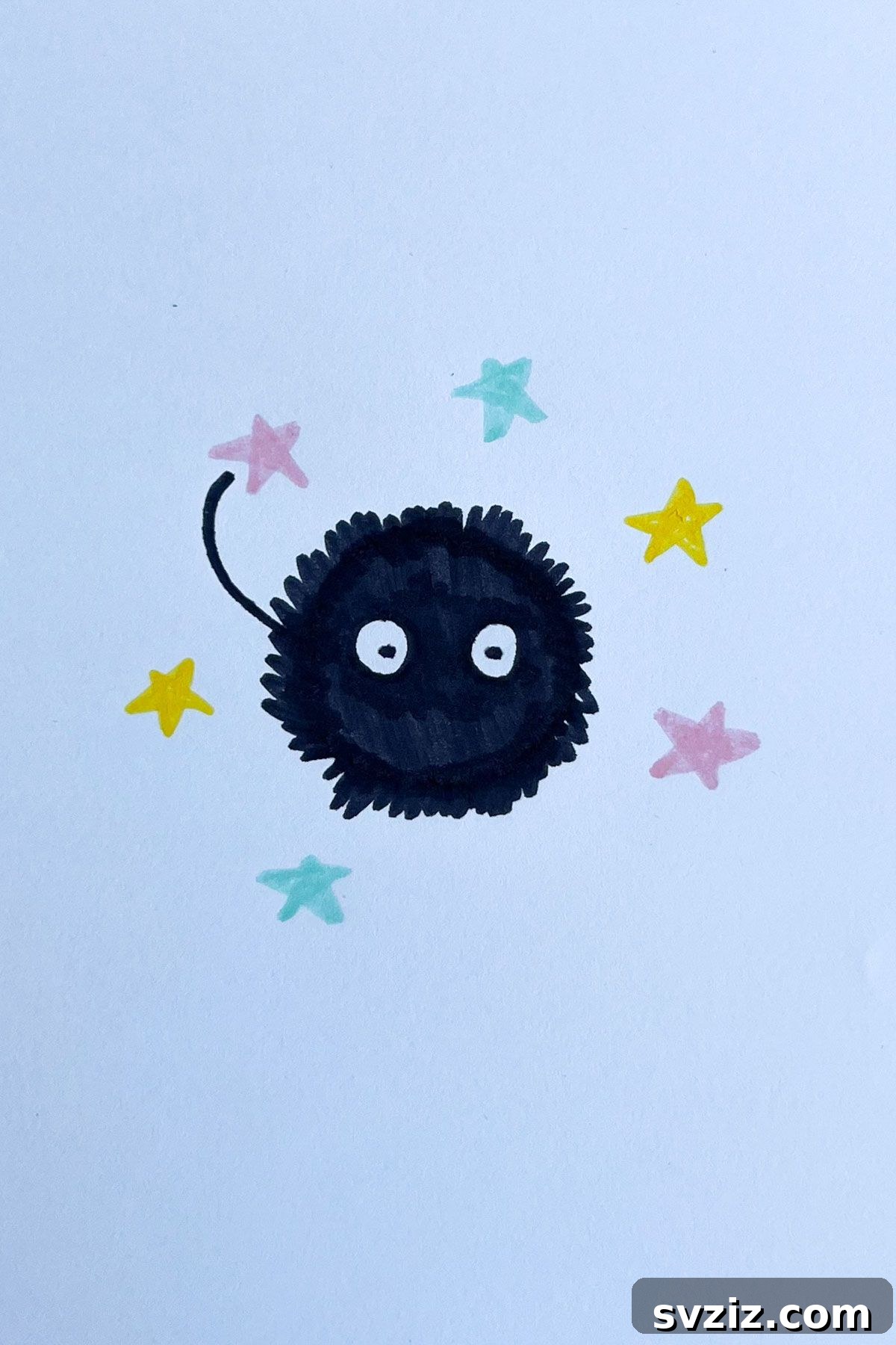 Effortless Anime Art: 31 Drawing Prompts 12 Anime drawing of a Soot Sprite from Studio Ghibli, a small, black, fuzzy creature with large eyes, ideal for whimsical doodles.