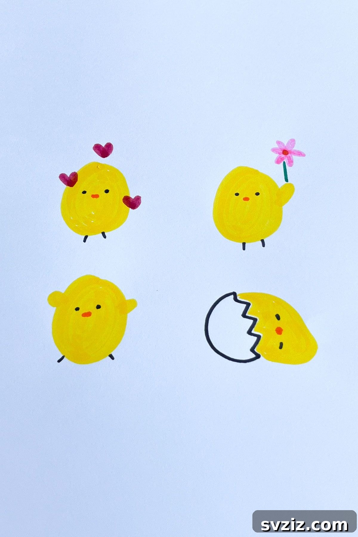 Effortless Anime Art: 31 Drawing Prompts 18 Anime drawing depicting four cute baby chicks in various dynamic poses, running and playing, conveying a sense of movement and energy.