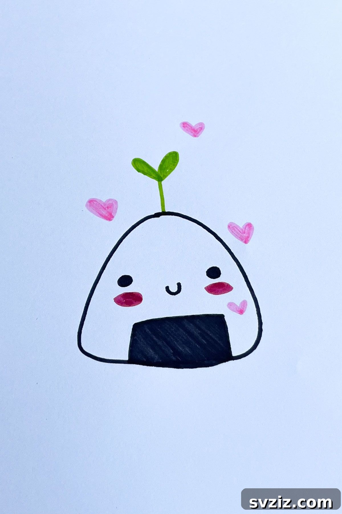 Effortless Anime Art: 31 Drawing Prompts 20 An anime drawing of a cute onigiri (rice ball) with an expressive, blushing face, depicting a common Japanese food item in a personified style.