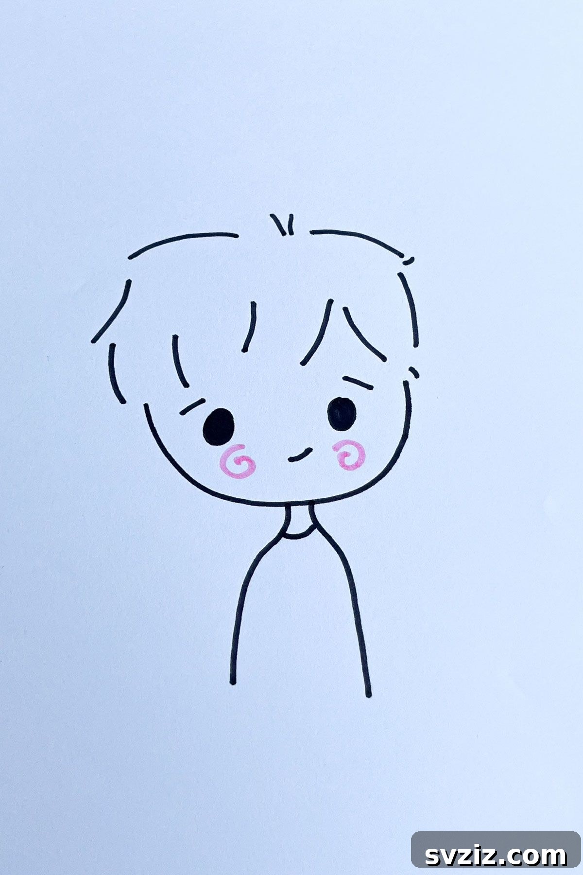 Effortless Anime Art: 31 Drawing Prompts 21 An anime drawing of a boy with short hair and large, blushing cheeks, emphasizing emotional expression common in anime character design.