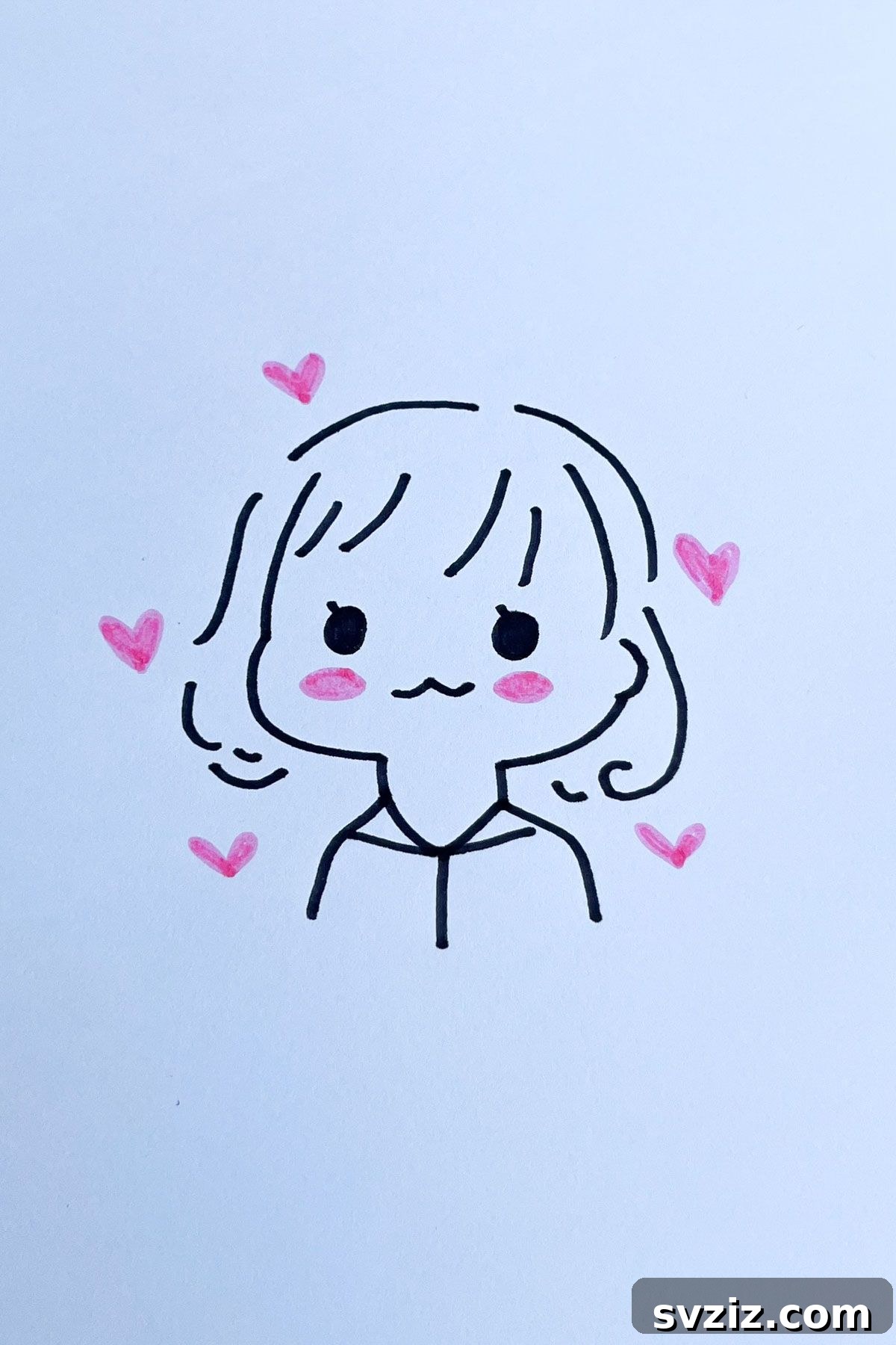 Effortless Anime Art: 31 Drawing Prompts 22 Anime drawing of a girl with a cheerful expression, surrounded by floating hearts, symbolizing love, adoration, or intense happiness.