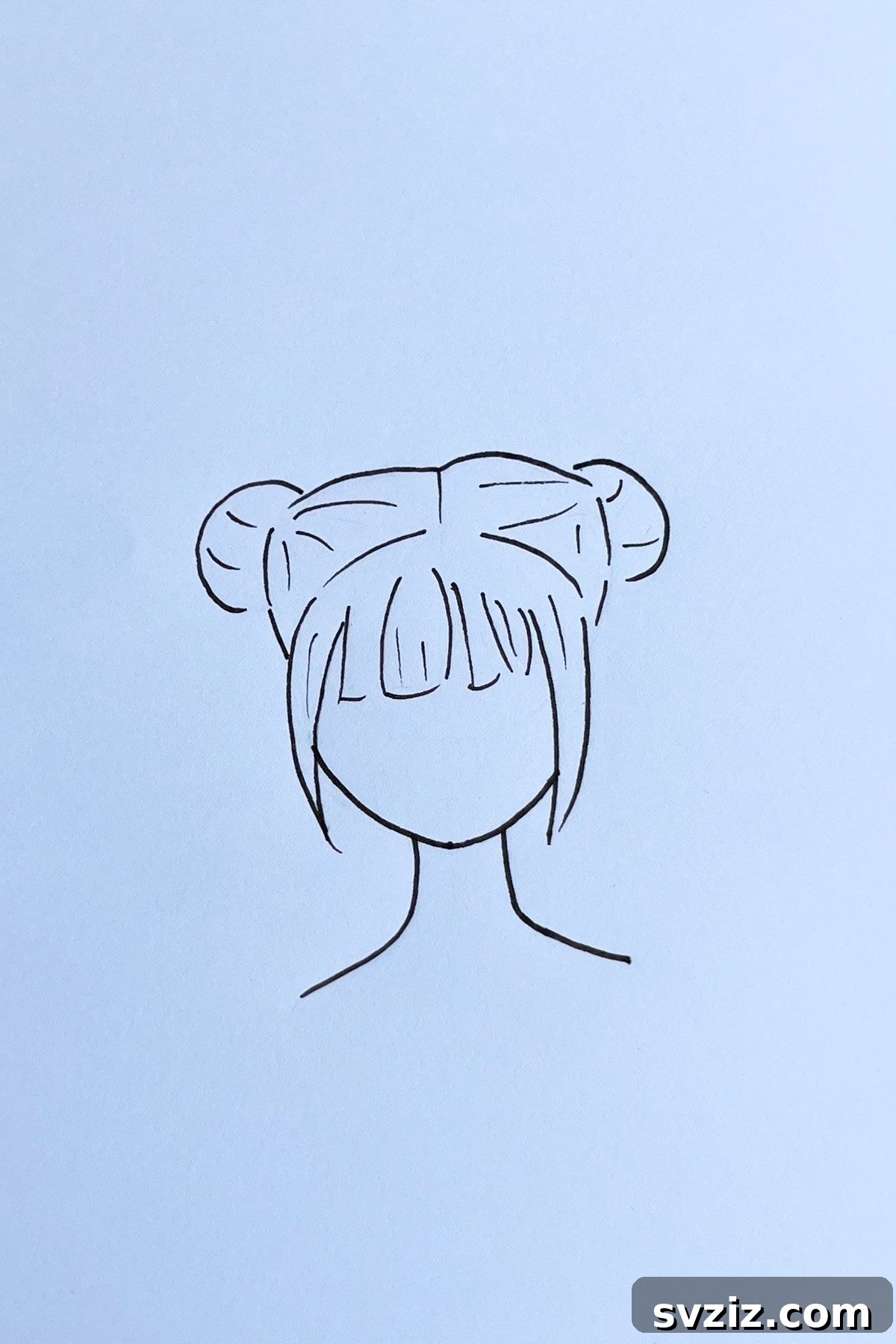 Effortless Anime Art: 31 Drawing Prompts 25 Anime drawing showcasing various hairstyles with hair buns, highlighting different styles and textures for character design practice.