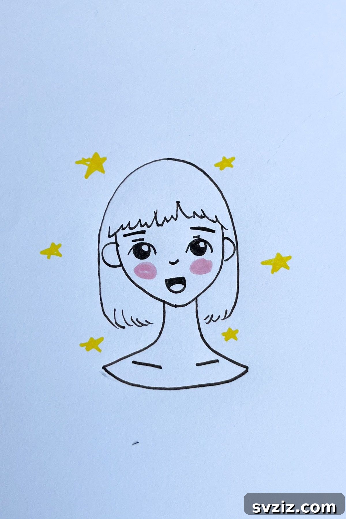 Effortless Anime Art: 31 Drawing Prompts 29 Anime drawing of a happy girl with wide, sparkling eyes and a cheerful smile, surrounded by stars, symbolizing extreme joy and positive emotion.