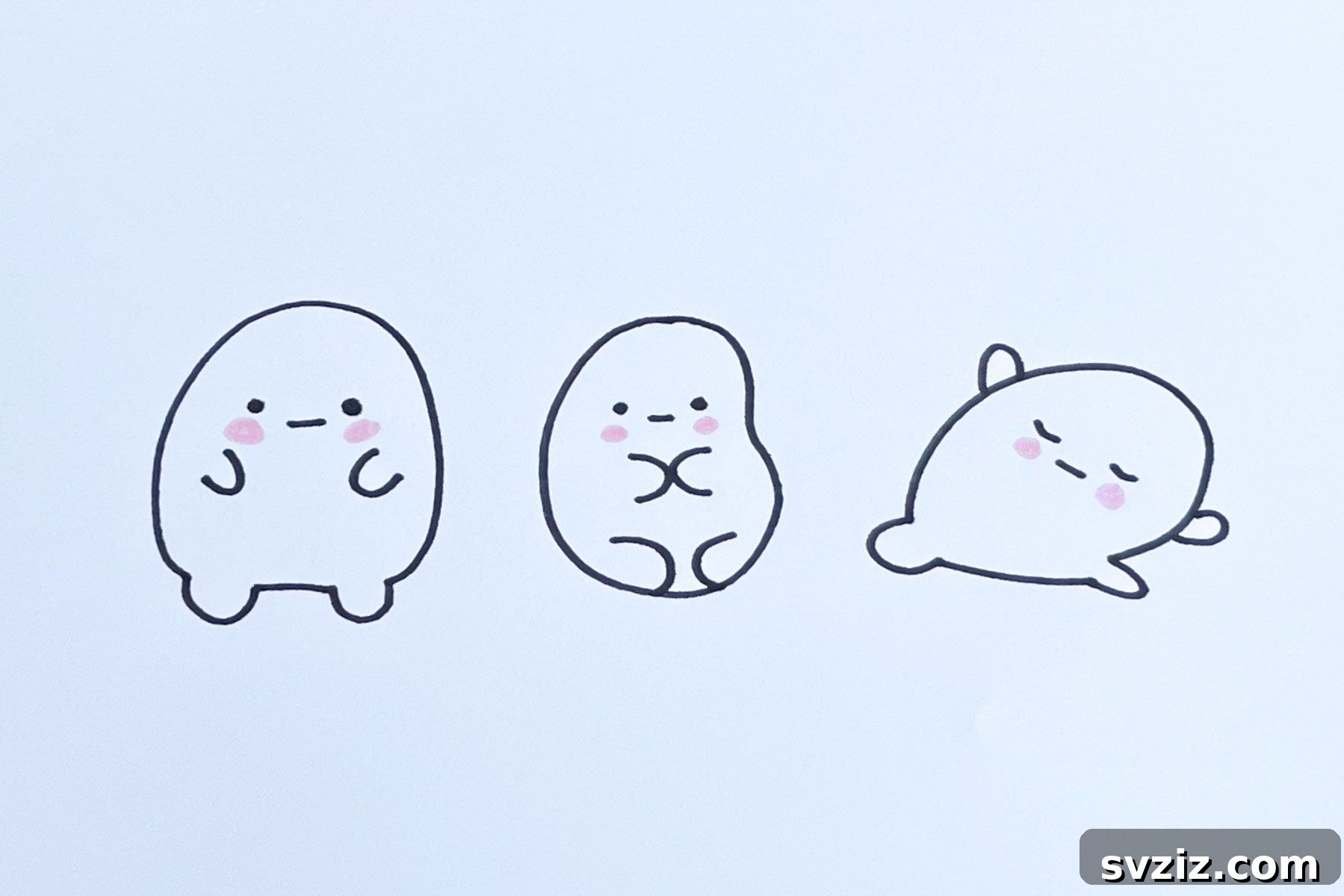 Effortless Anime Art: 31 Drawing Prompts 6 Cute anime drawing of three small, bean-shaped characters stretching happily, embodying simple and adorable design.