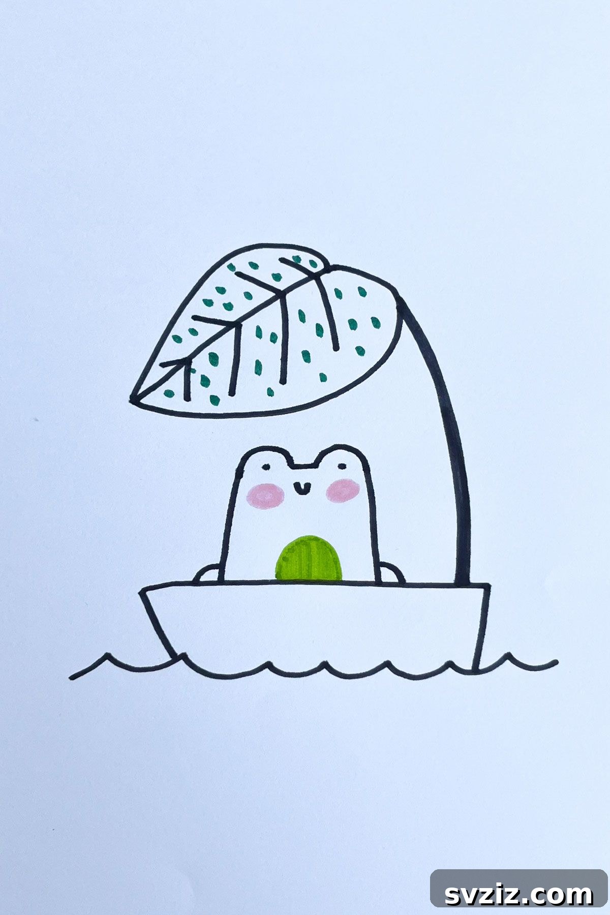 Effortless Anime Art: 31 Drawing Prompts 7 Charming anime drawing of a small frog sitting in a leaf boat on calm water, showcasing a serene and cute scene.
