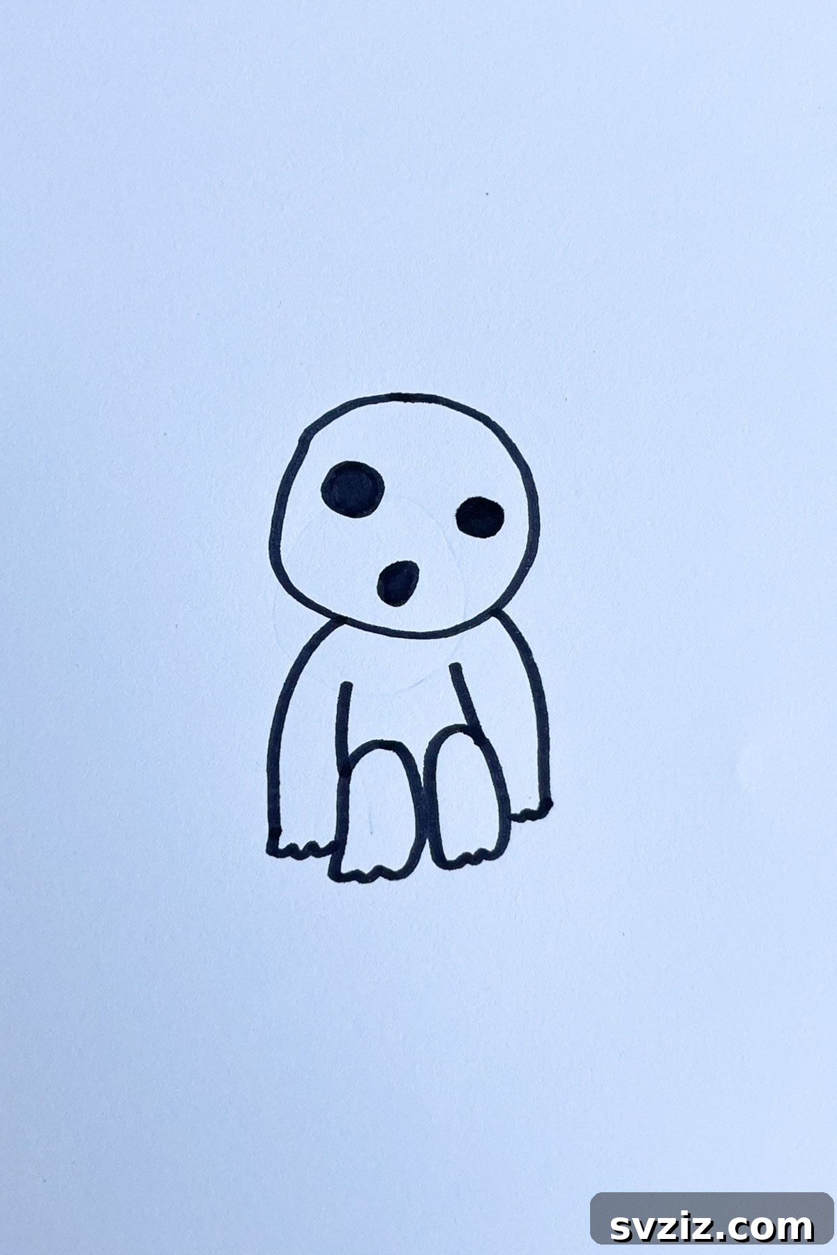 Effortless Anime Art: 31 Drawing Prompts 10 Anime drawing of a Kodama forest spirit from Studio Ghibli, with large, round eyes and a simple, ghost-like body, ideal for fantasy art.
