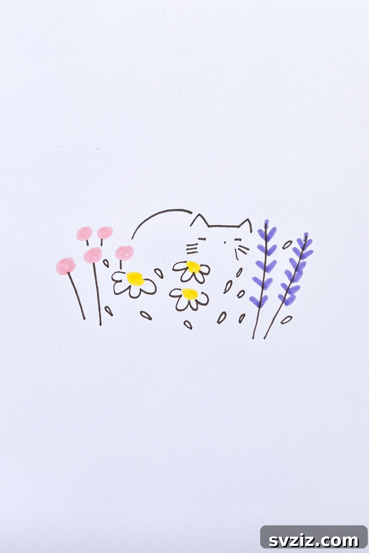 cat in flower field drawing