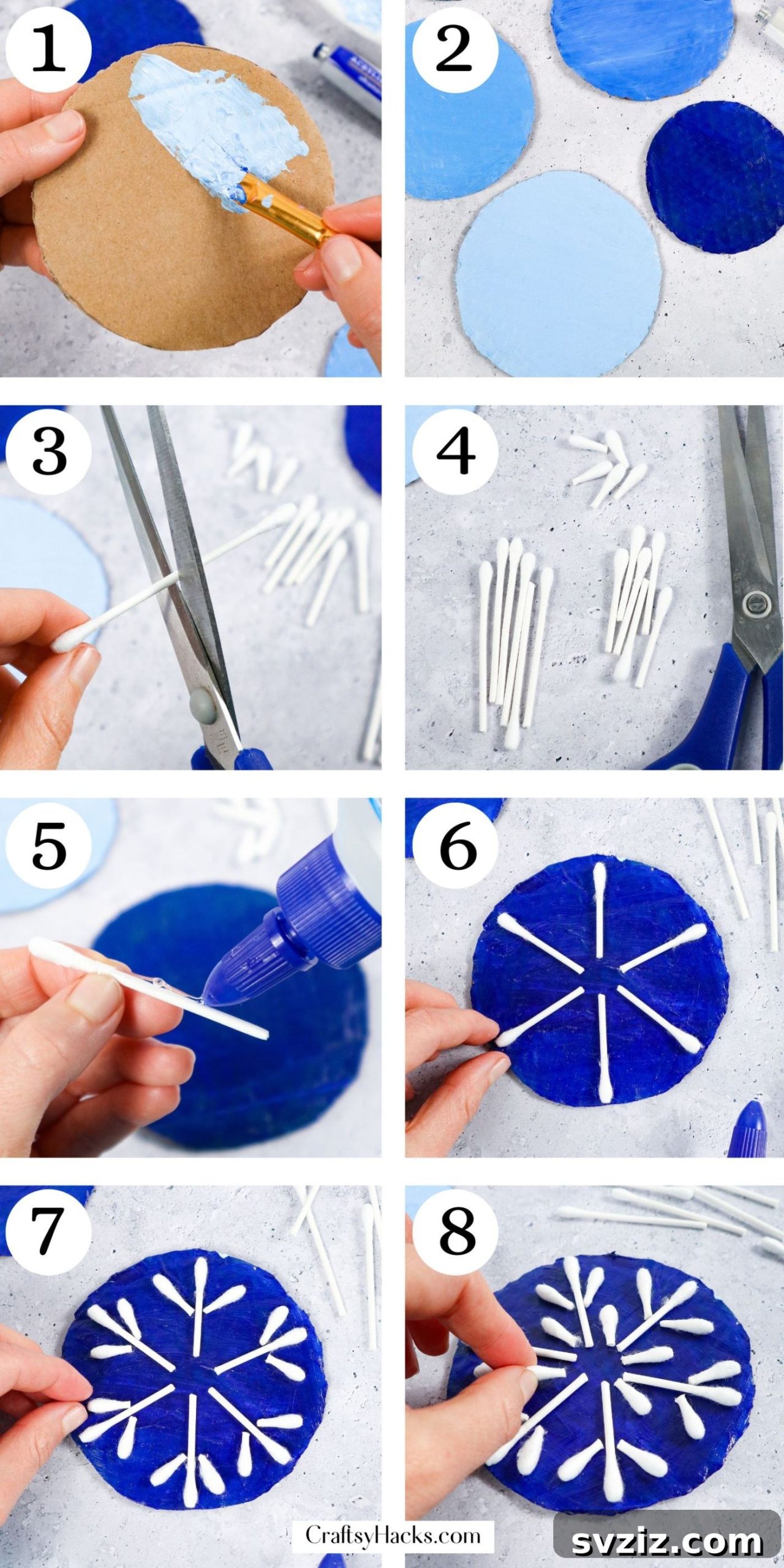Step-by-step instructions for Q-Tip Snowflakes - Gluing process