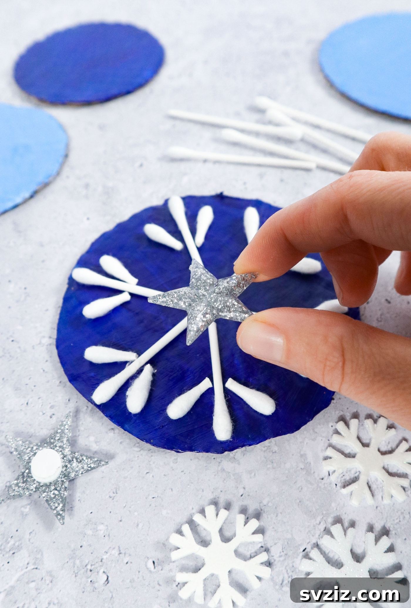 Finished Q-Tip Snowflakes craft idea