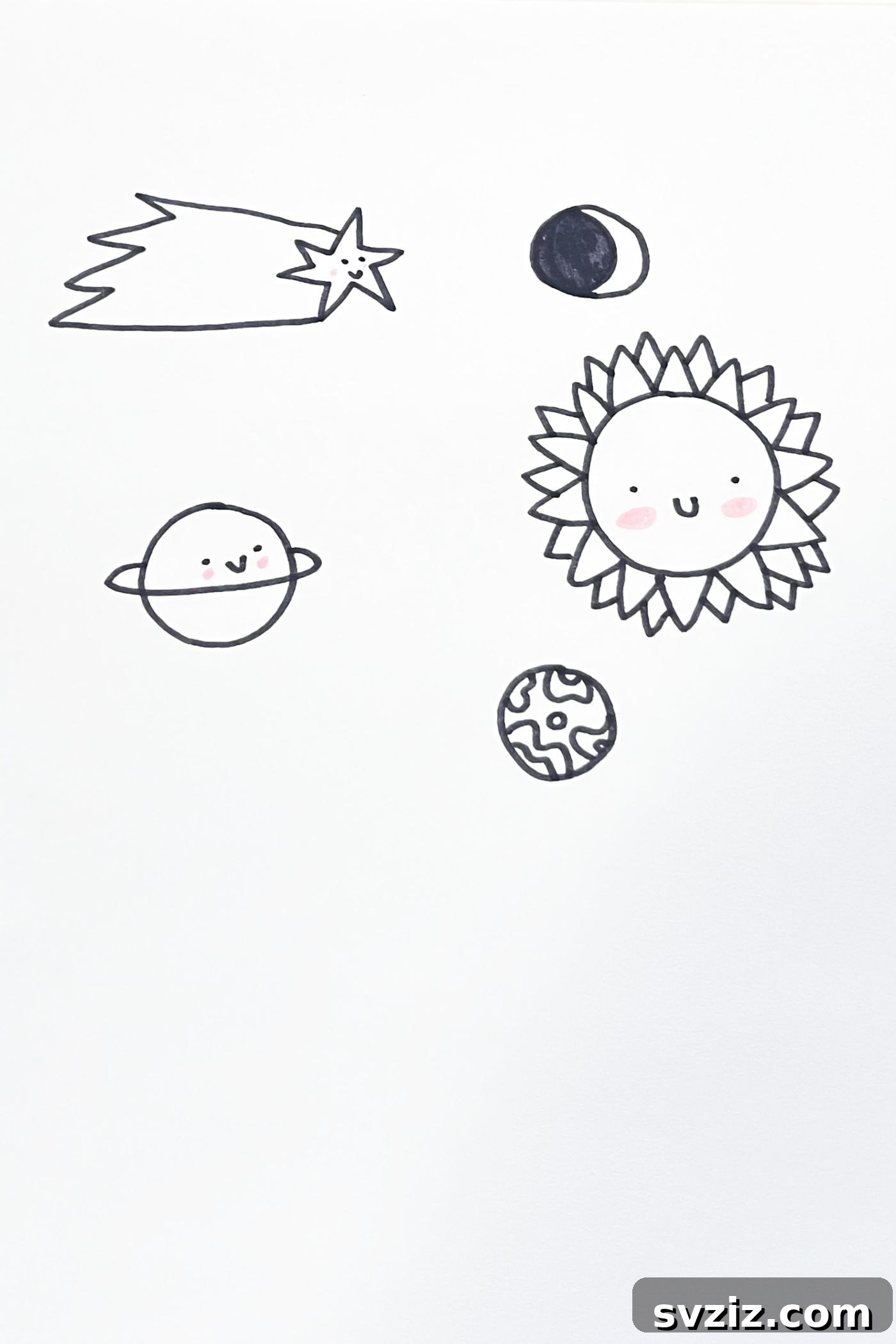 31 Cosmic Drawing Inspirations 5 Cheerful smiling stars and planets drawing idea
