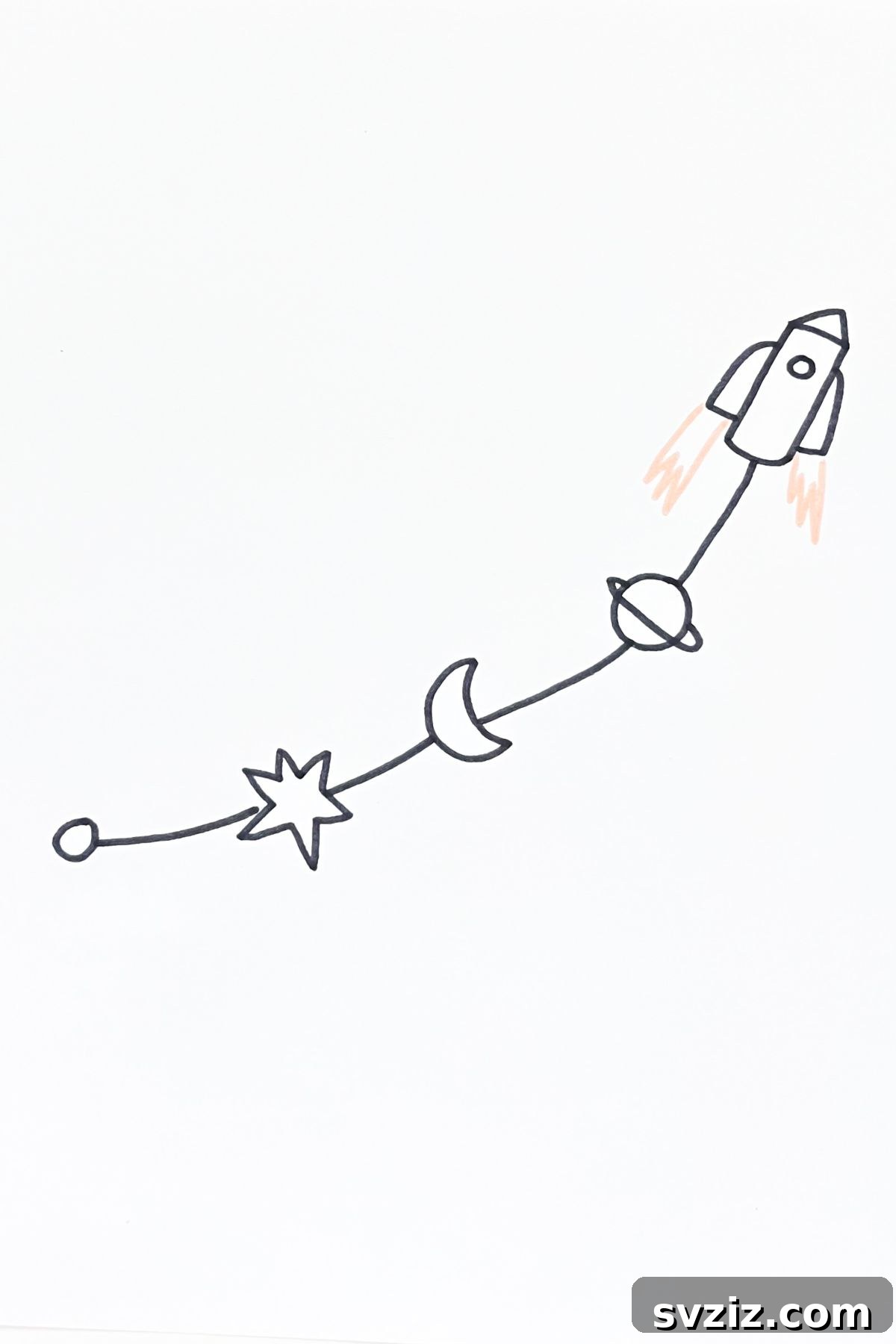 31 Cosmic Drawing Inspirations 10 Whimsical string of planets drawing idea with a rocket