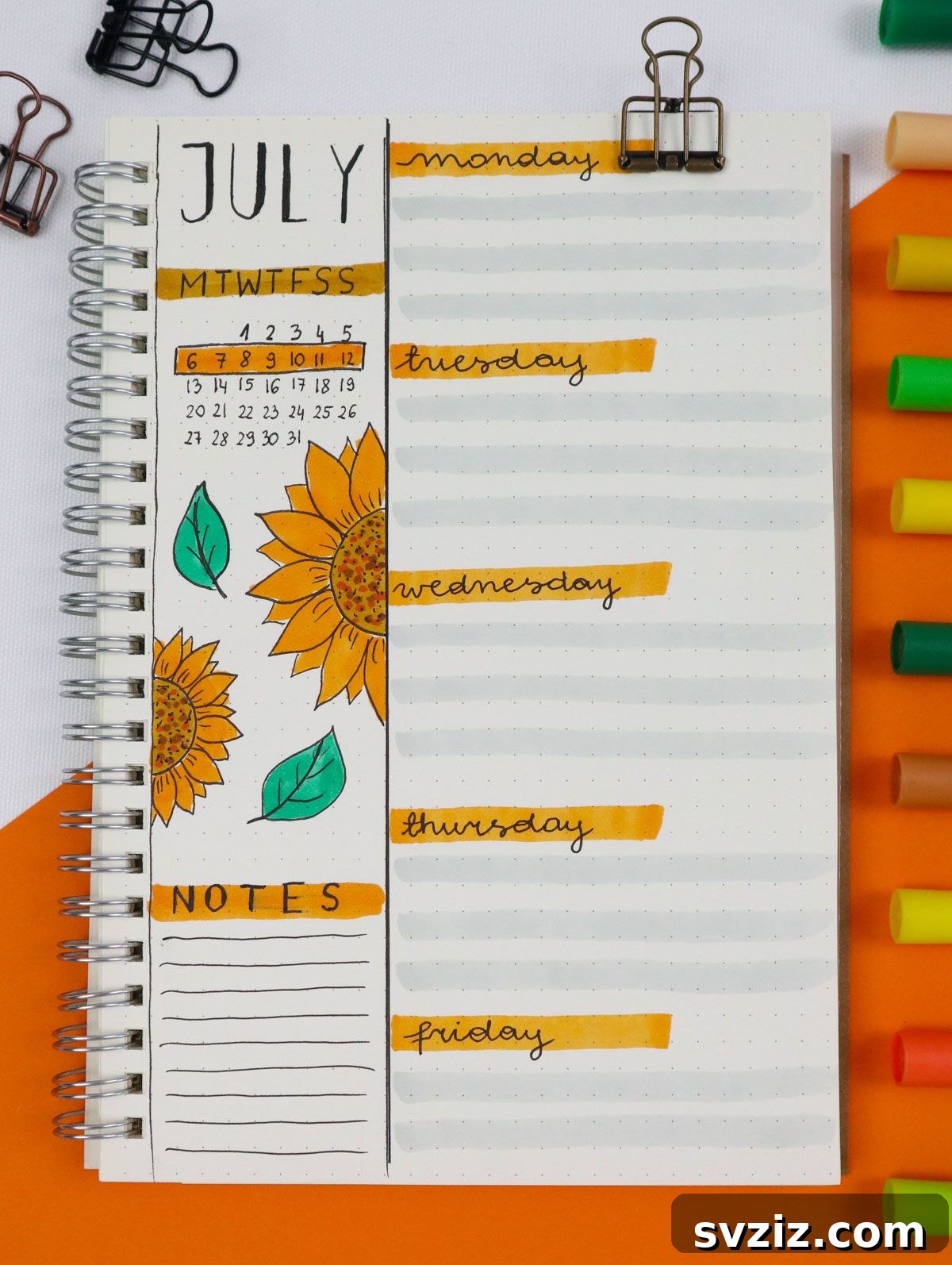 25 Radiant Sunflower Bullet Journal Designs 19 Agenda with Notes Column