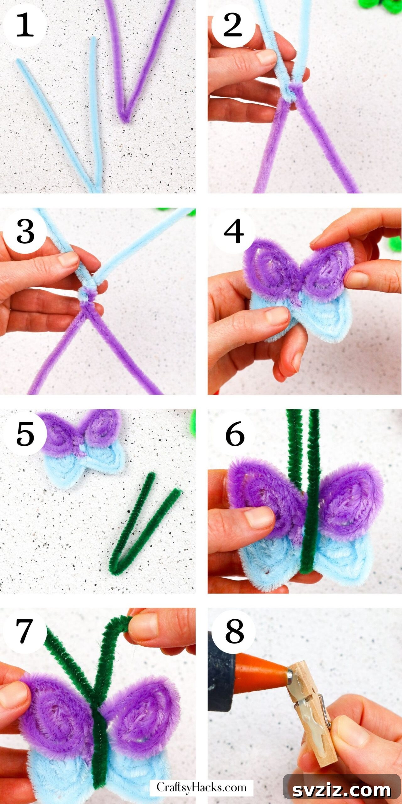 A step-by-step image showing the process of attaching the clothespin to the back of a pipe cleaner butterfly with hot glue.