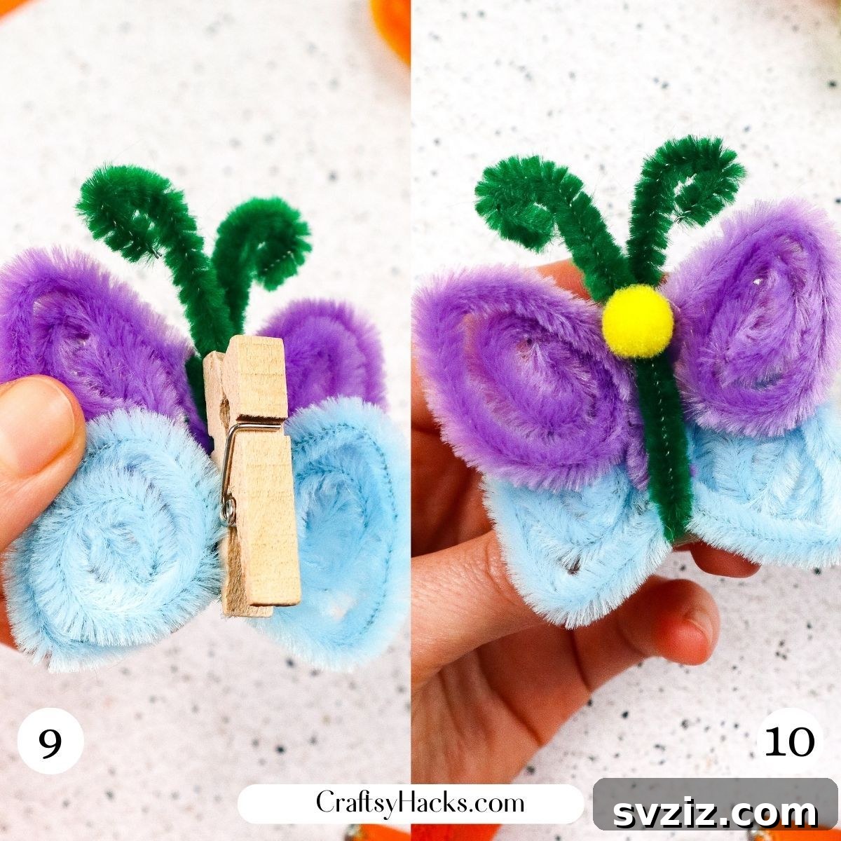 The finished pipe cleaner butterfly craft with a pom-pom head and a clothespin attached, ready for display.